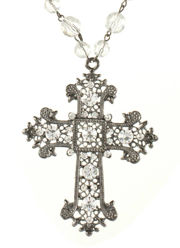 Gun Metal Beaded Cross Necklace Halloween Gothic Costume Necklace Accessory Close Up Image