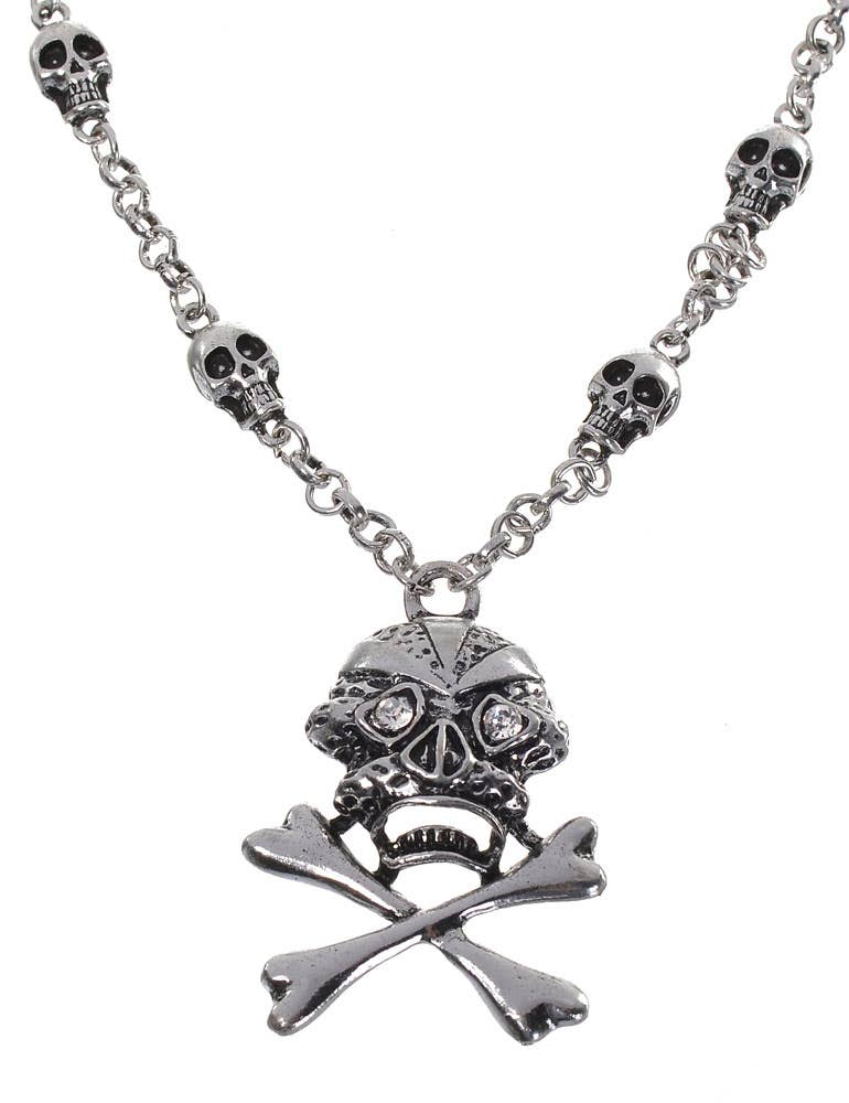 Women's Halloween Pirate Skull And Cross Bones Silver Costume Necklace Accessory Close Up Image