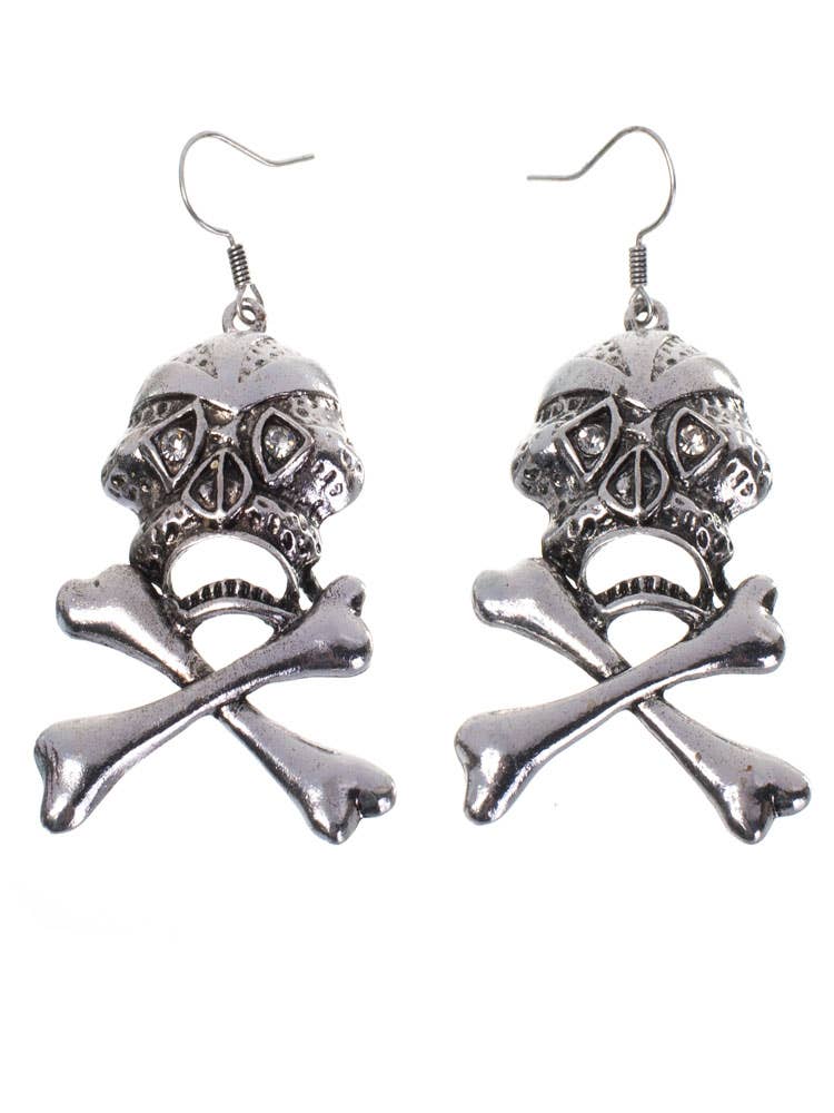 Novelty Fish Hook Women's Silver Pirate Skull Costume Earrings Close Up Image 