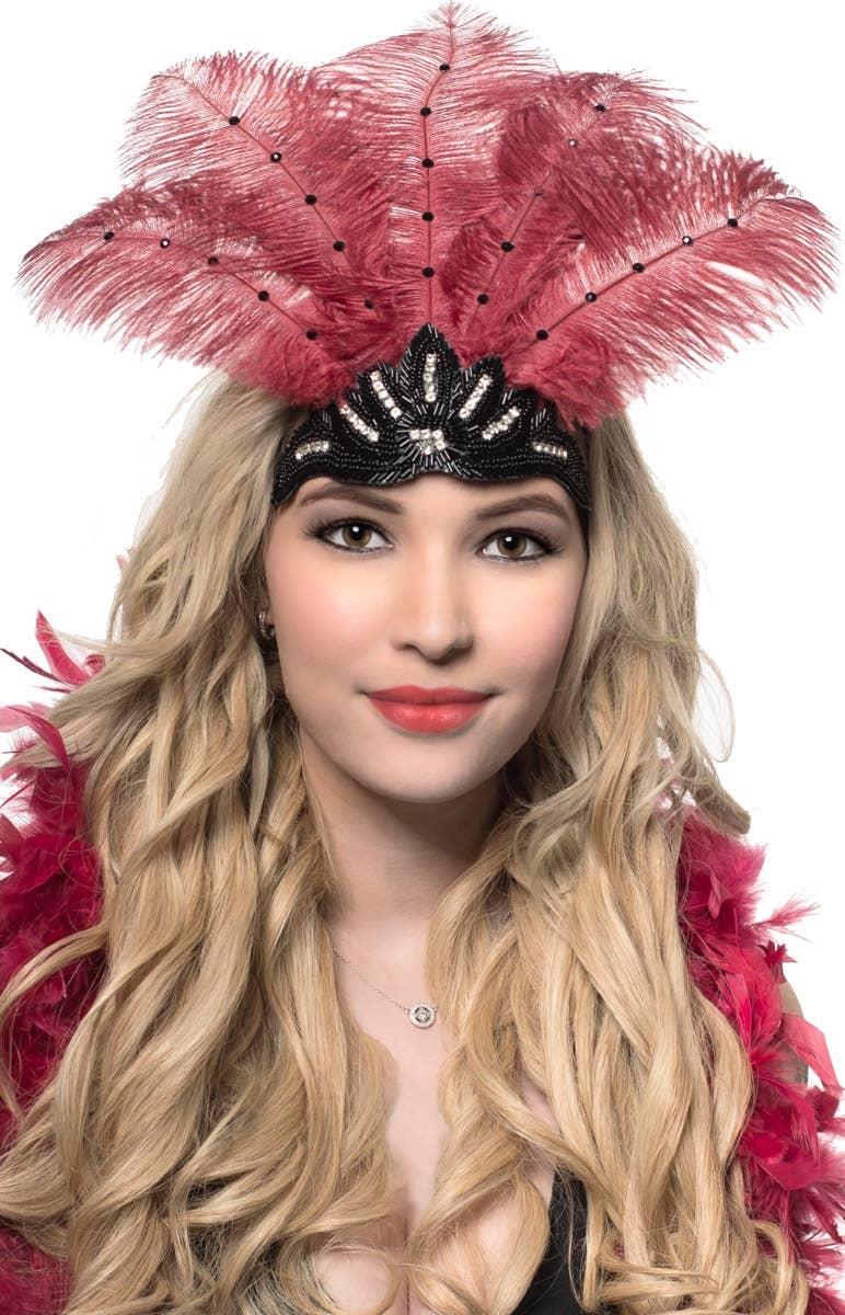 Deep Red Feathers and Black Beads Showgirl Headband
