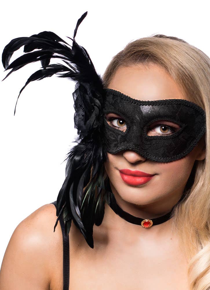 Deluxe Black Lace Overlay Side Feather Masquerade Mask