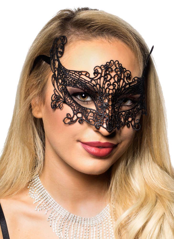 Women's Black Lace Cat Eyes Masquerade Mask Side