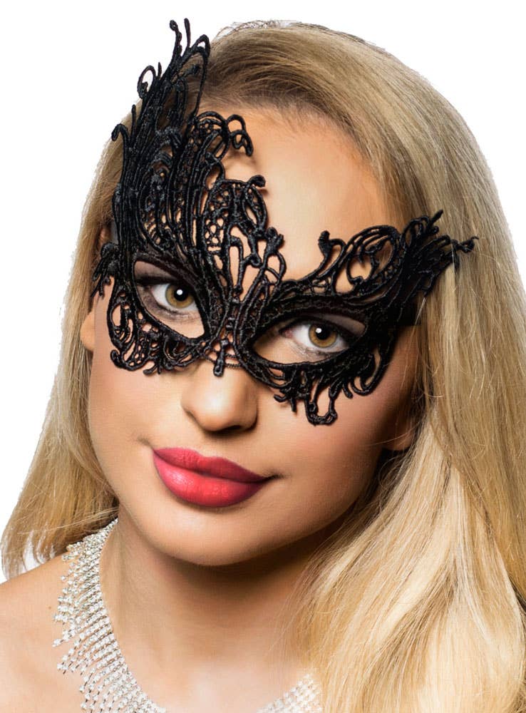 Image of Asymmetrical Black Lace Masquerade Mask - Alternate Image 1