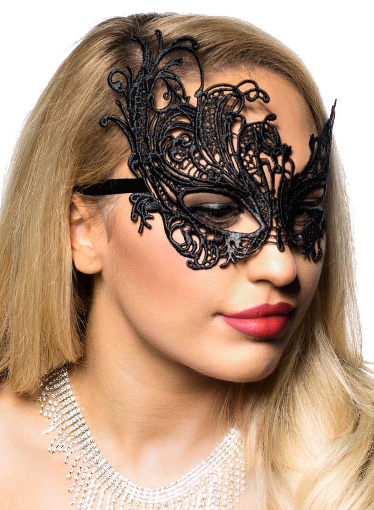 Image of Asymmetrical Black Lace Masquerade Mask - Side Image