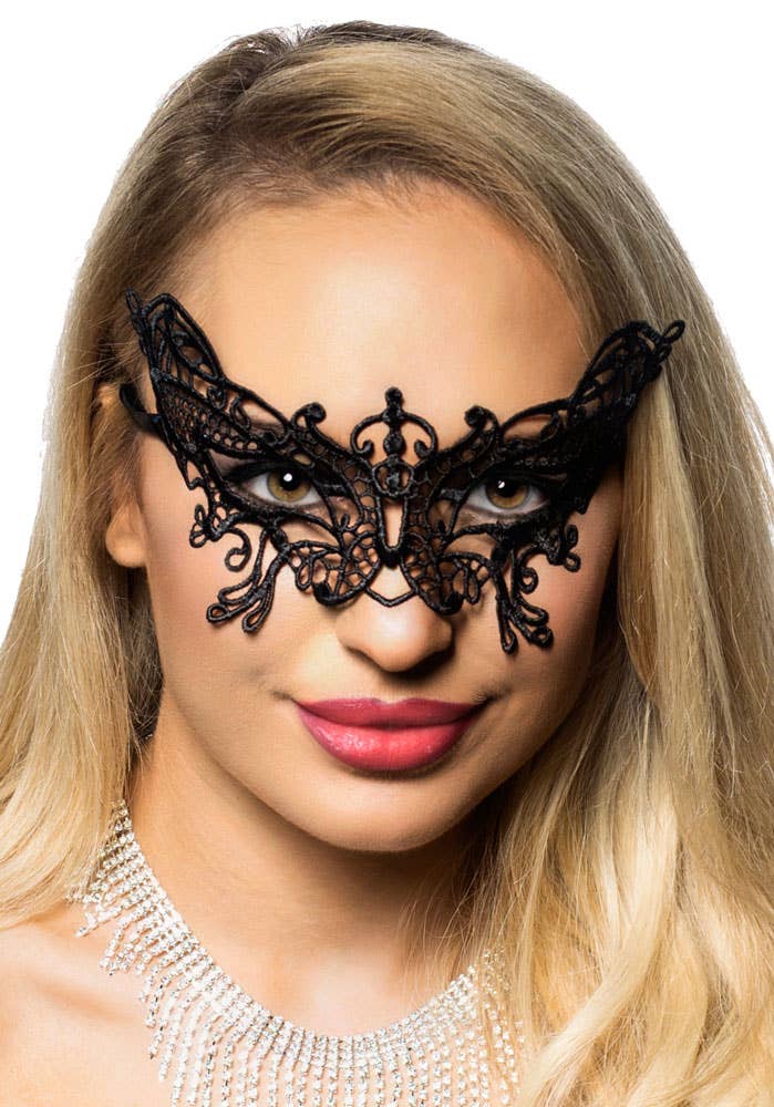 Women's Black Lace Butterfly Masquerade Mask - Front View