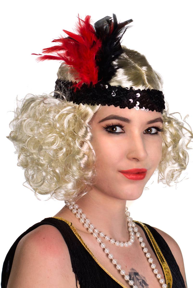 Red and Black Short Feather 1920's Flapper Costume Headband - Alt Image