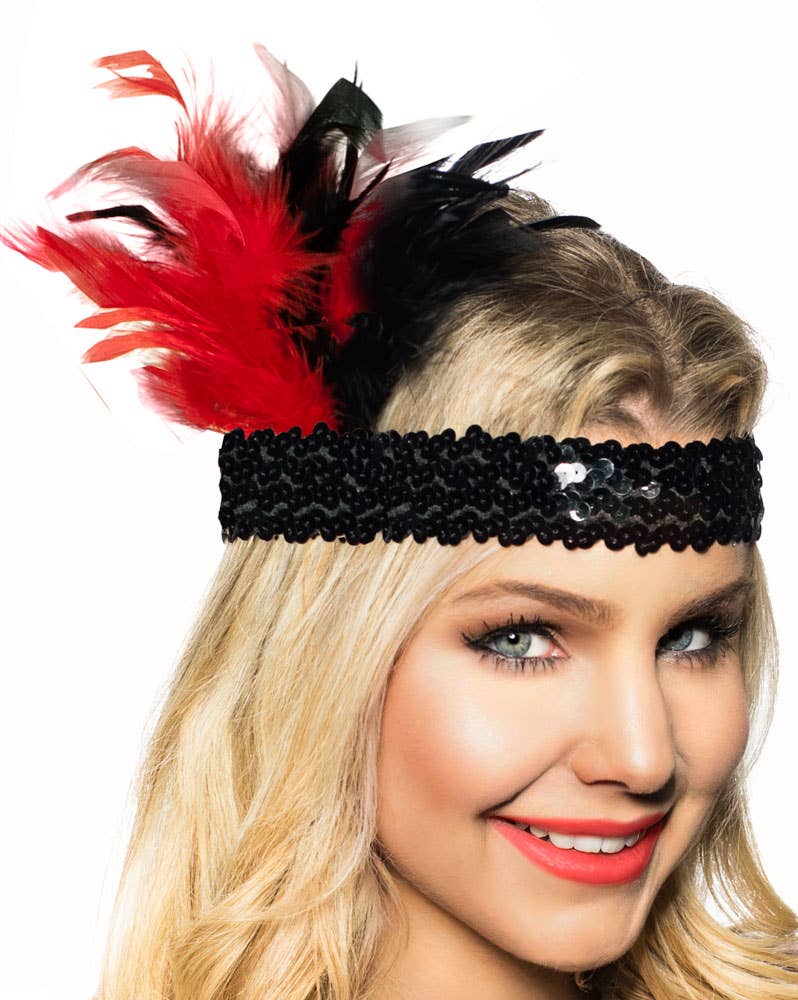 Red and Black Short Feather 1920's Flapper Costume Headband - Close Image