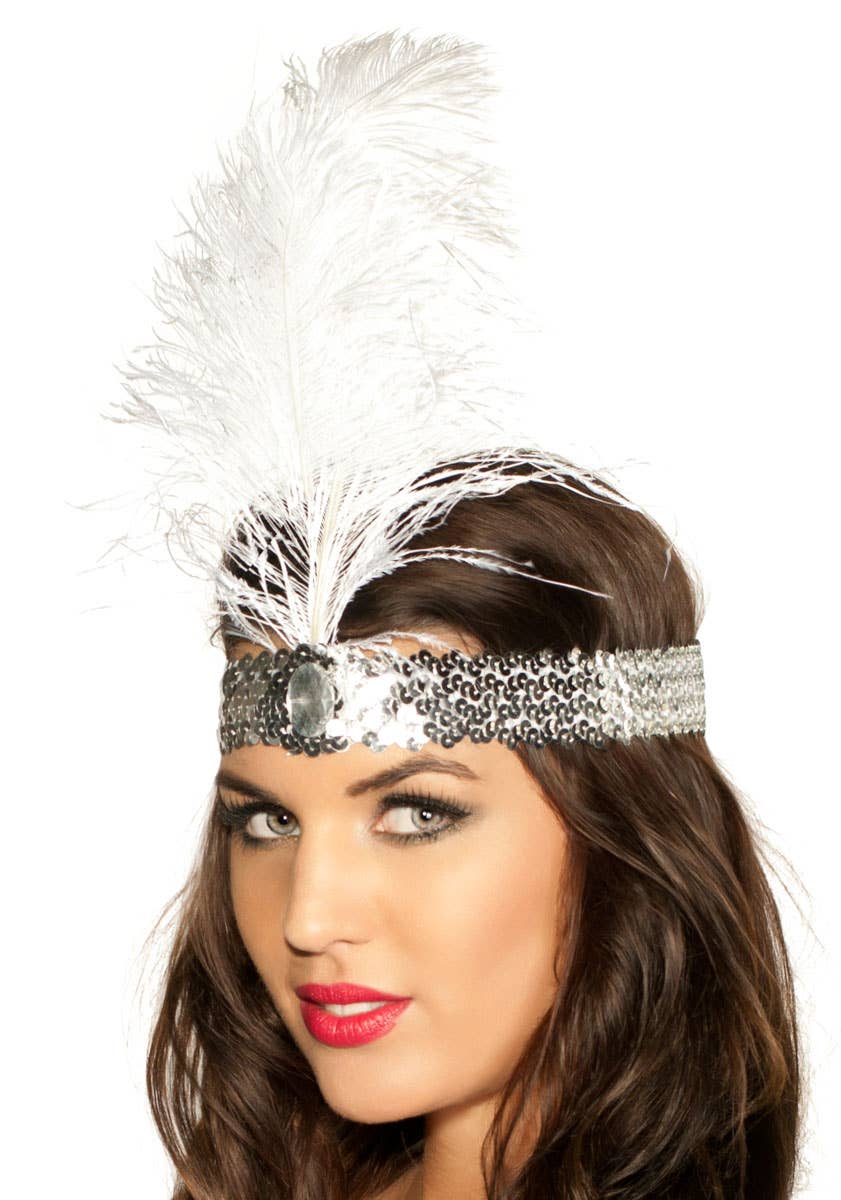 White Tall Feather and Silver 1920's Flapper Headband - Close Image