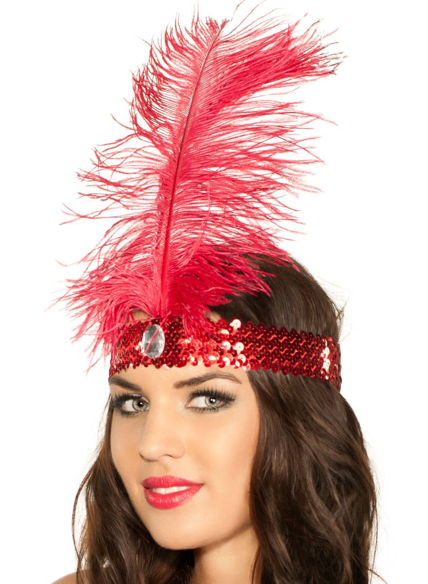 Tall Red Feather and Sequins 1920's Flapper Costume Headband - Close Image