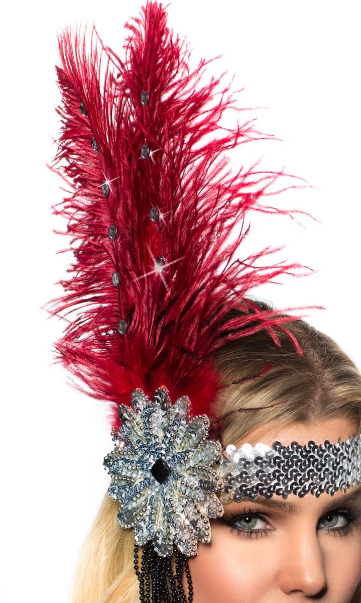 Tall Deep Red Feather and Beads Flapper Headband Headpiece - Close View