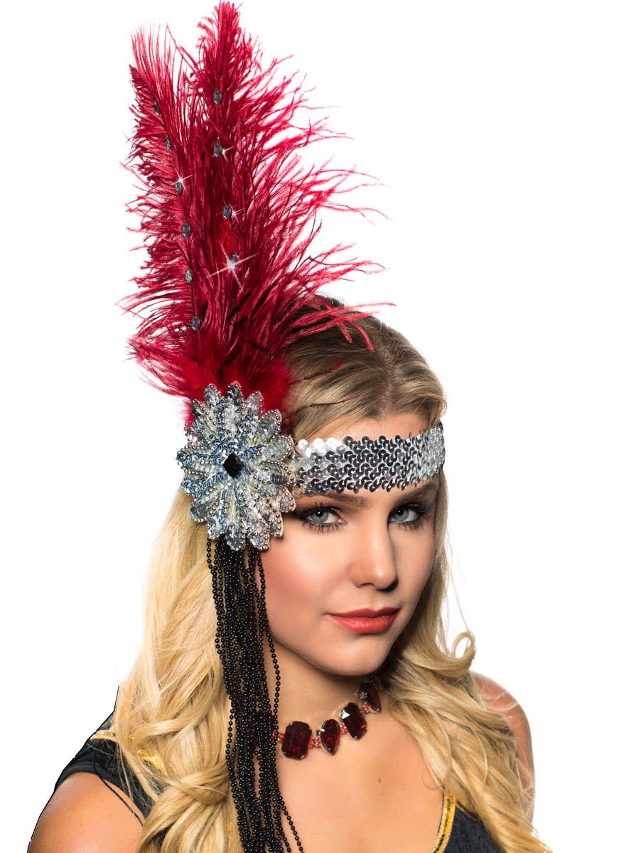 Tall Deep Red Feather and Beads Flapper Headband Headpiece - Side View