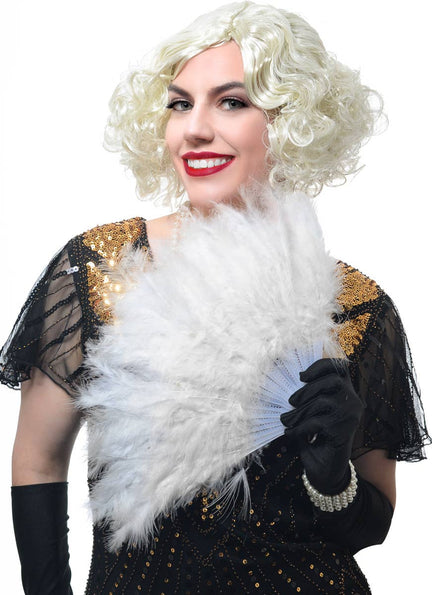 Image of Fluffy White Feather Hand Held Costume Fan - Main Image
