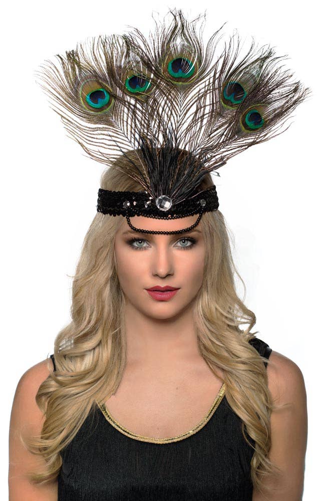 Tall Peacock Feather Showgirl Headband Second Image