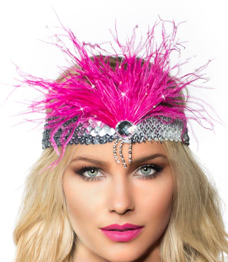 Hot Pink and Silver Feather Gatsby 1920's Headband - Close Image