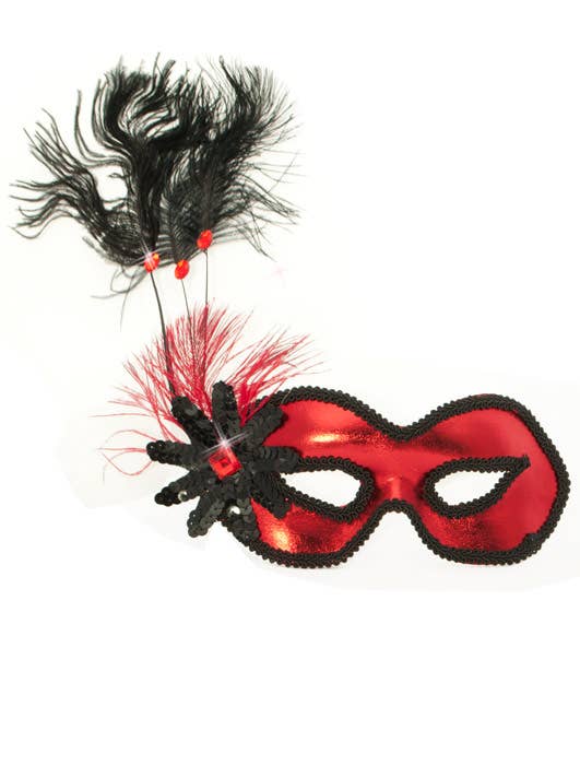 Metallic Red Vinyl Masquerade Mask with Black Trim Edges and Side Feathers - Alternative Image 3