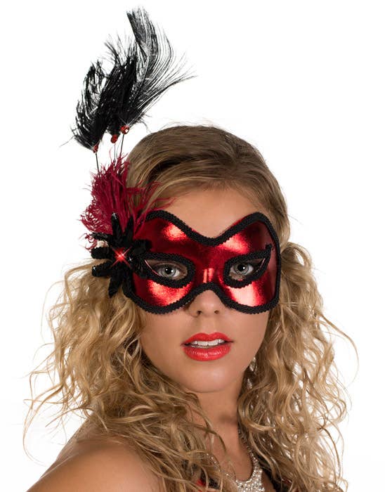 Metallic Red Vinyl Masquerade Mask with Black Trim Edges and Side Feathers - Alternative Image 2
