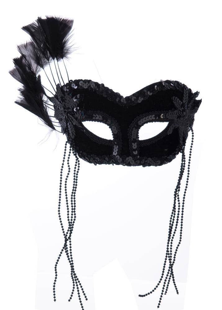 Black Sequin Masquerade Mask With Feather Fan Appliqué and Side Tassels - View 2