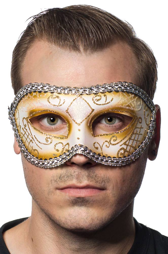 White and Gold Glitter Unisex Mardi Gras Masquerade Mask