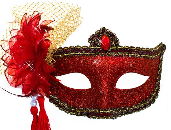 Womens Red Glitter Mask with Flower Side Feather Costume Masquerade Mask - Close Image