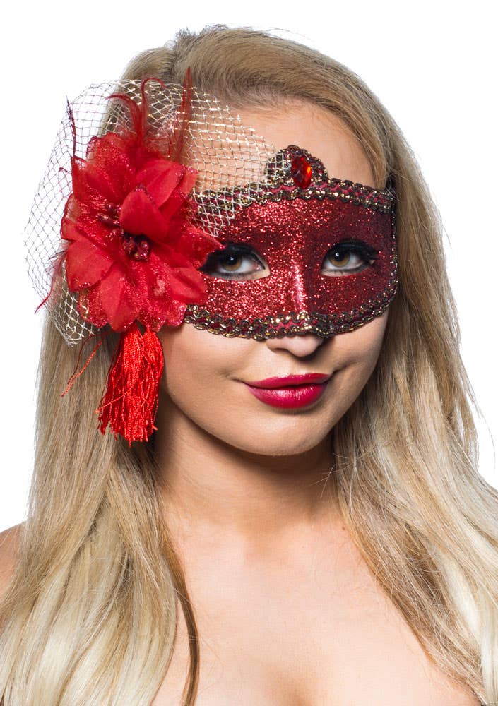 Womens Red Glitter Mask with Flower Side Feather Costume Masquerade Mask - Alt Image