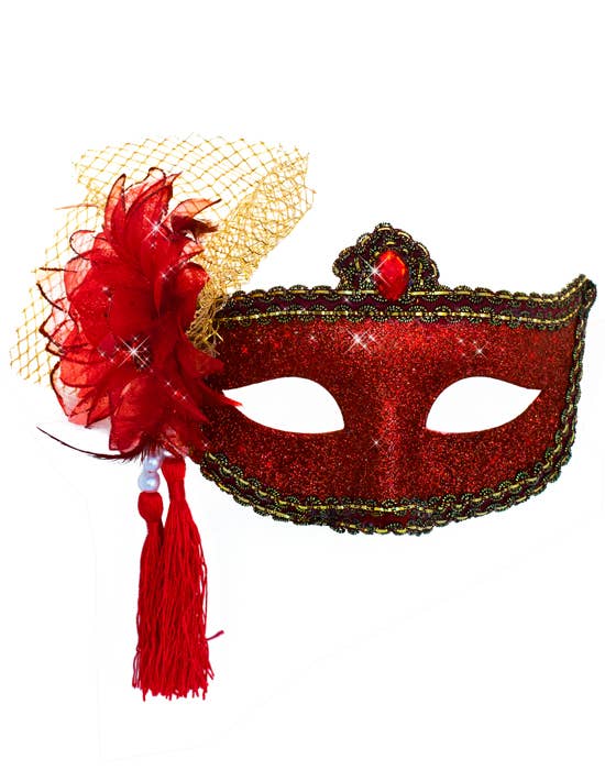 Womens Red Glitter Mask with Flower Side Feather Costume Masquerade Mask - Face Mask Image