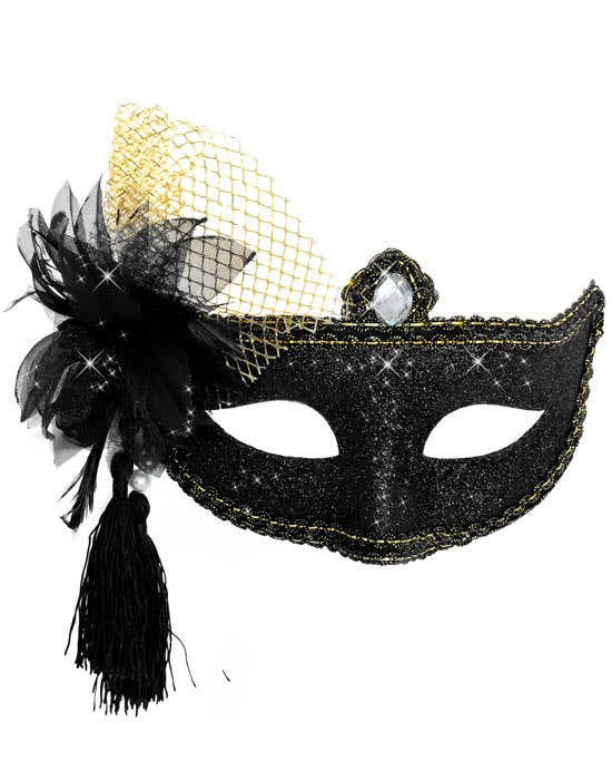 Women's Black And Gold Glitter Mask with Flower Side Feather Costume Masquerade Mask - Face Mask Image 