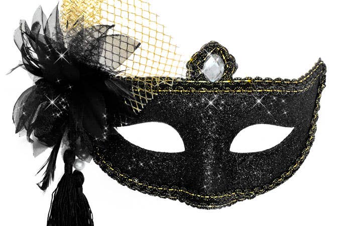 Women's Black And Gold Glitter Mask with Flower Side Feather Costume Masquerade Mask - Close Image 