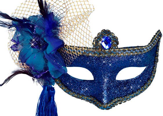 Womens Blue Glitter Mask with Flower Side Feather Costume Masquerade Mask - Close Image