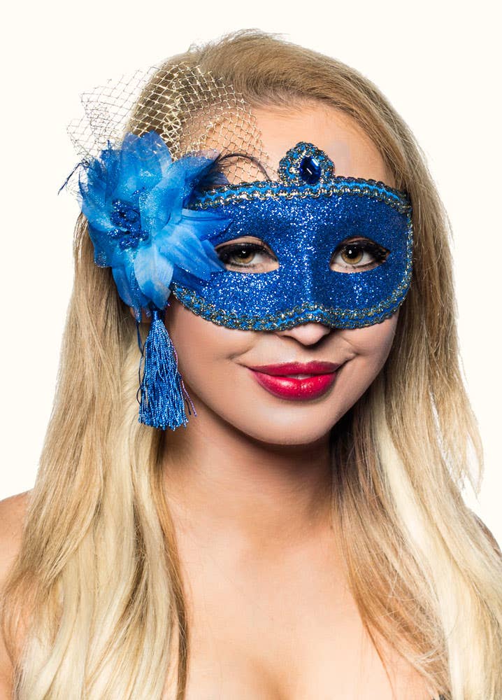 Womens Blue Glitter Mask with Flower Side Feather Costume Masquerade Mask - Alt Image