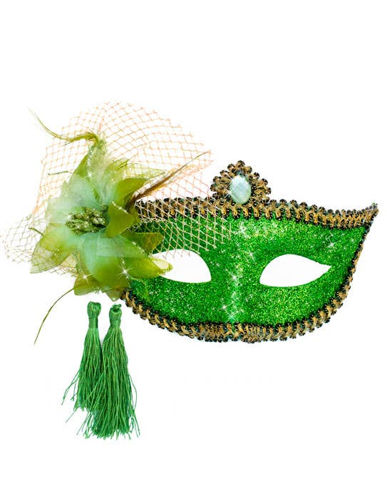 Womens Green Glitter Mask with Flower Side Feather Costume Masquerade Mask - Face Mask Image