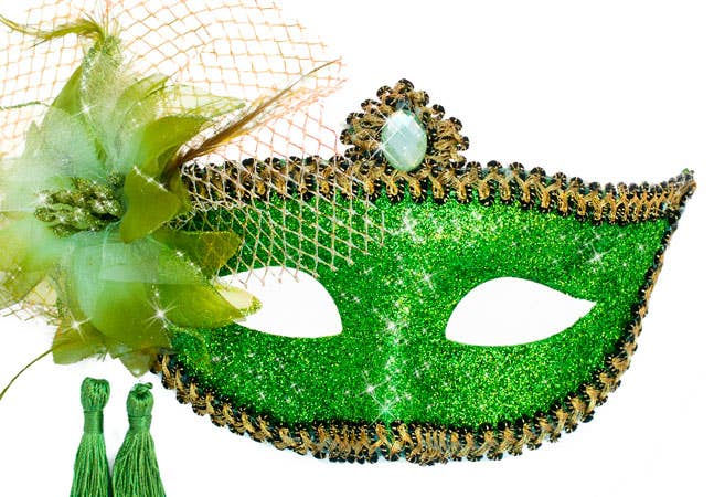 Womens Green Glitter Mask with Flower Side Feather Costume Masquerade Mask - Close Image