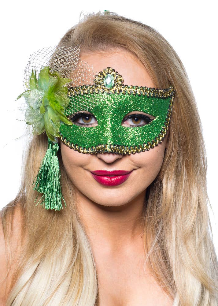 Womens Green Glitter Mask with Flower Side Feather Costume Masquerade Mask - Alt Image