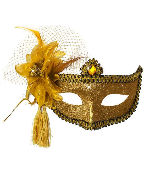 Womens Gold Glitter Mask with Flower Side Feather Costume Masquerade Mask - Face Mask Image