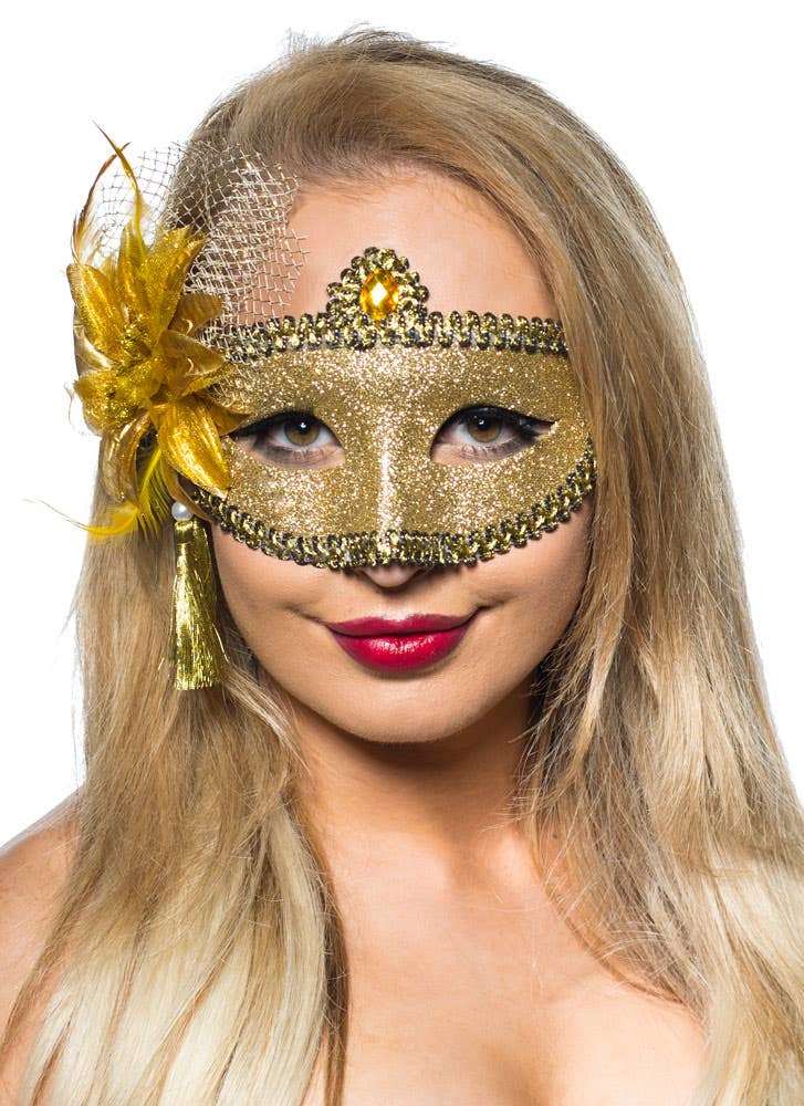 Womens Gold Glitter Mask with Flower Side Feather Costume Masquerade Mask - Alt Image