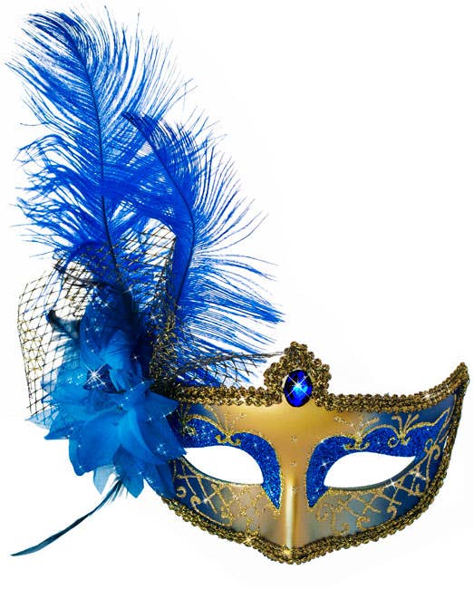 Victorian Masquerade Mask Blue and Gold Genuine Elevate Costumes - Mask Image