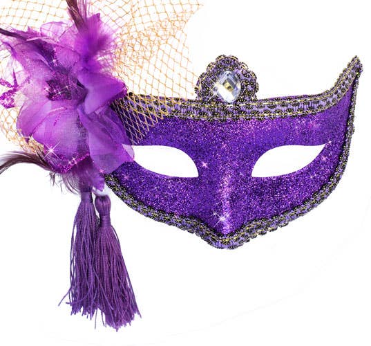 Womens Purple Glitter Mask with Flower Side Feather Costume Masquerade Mask - Close Image