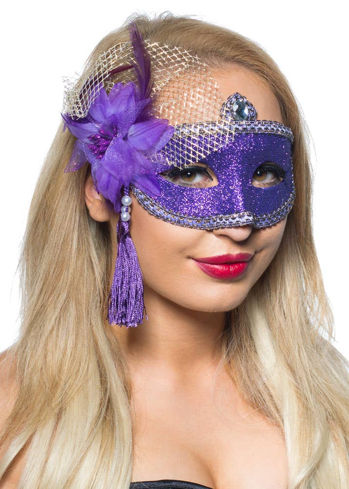 Womens Purple Glitter Mask with Flower Side Feather Costume Masquerade Mask - Side Image