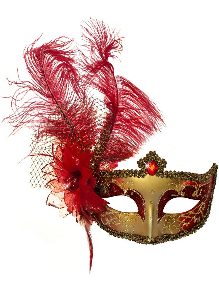 Red and Gold Victorian Masquerade Mask with Side Feathers - Alternative Image