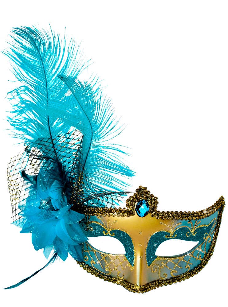 Aqua and Gold Victorian Masquerade Mask with Side Feathers View 2