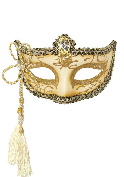 Tassel Venetian Masquerade Mask White and Gold Genuine Elevate Costumes - Mask Image