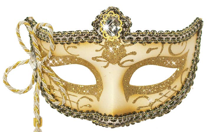 Tassel Venetian Masquerade Mask White and Gold Genuine Elevate Costumes - Close Image