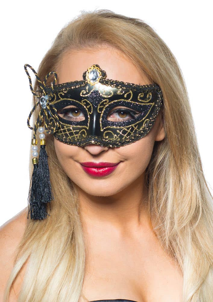 Tassel Venetian Masquerade Mask Black and Gold Genuine Elevate Costumes - Image 3