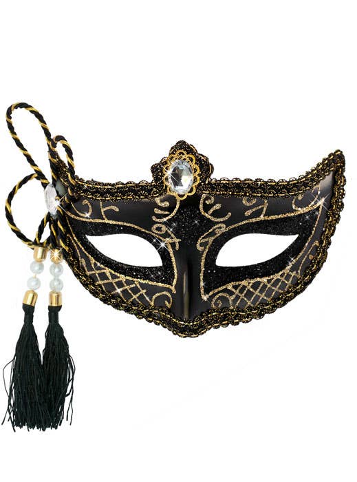 Tassel Venetian Masquerade Mask Black and Gold Genuine Elevate Costumes - Image 2