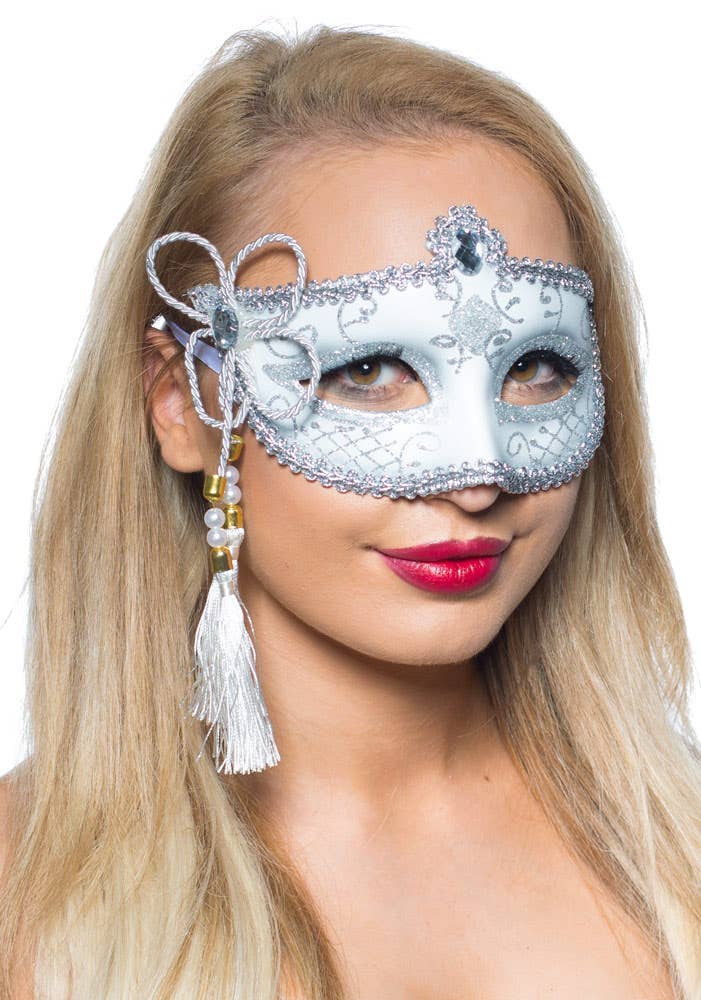 White And Silver Glitter Venetian Masquerade Mask With Rope Flower Detail Alternative Image