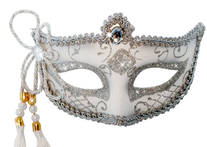 White And Silver Glitter Venetian Masquerade Mask With Rope Flower Detail Close Image