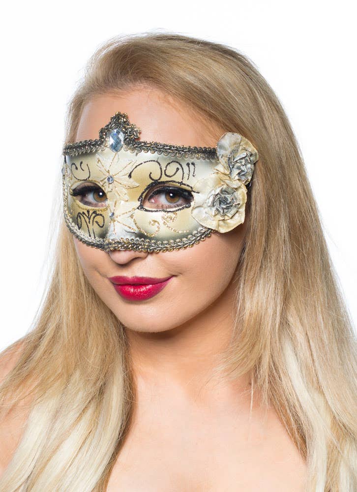 Edwardian Masquerade Mask in Black and Gold Side View