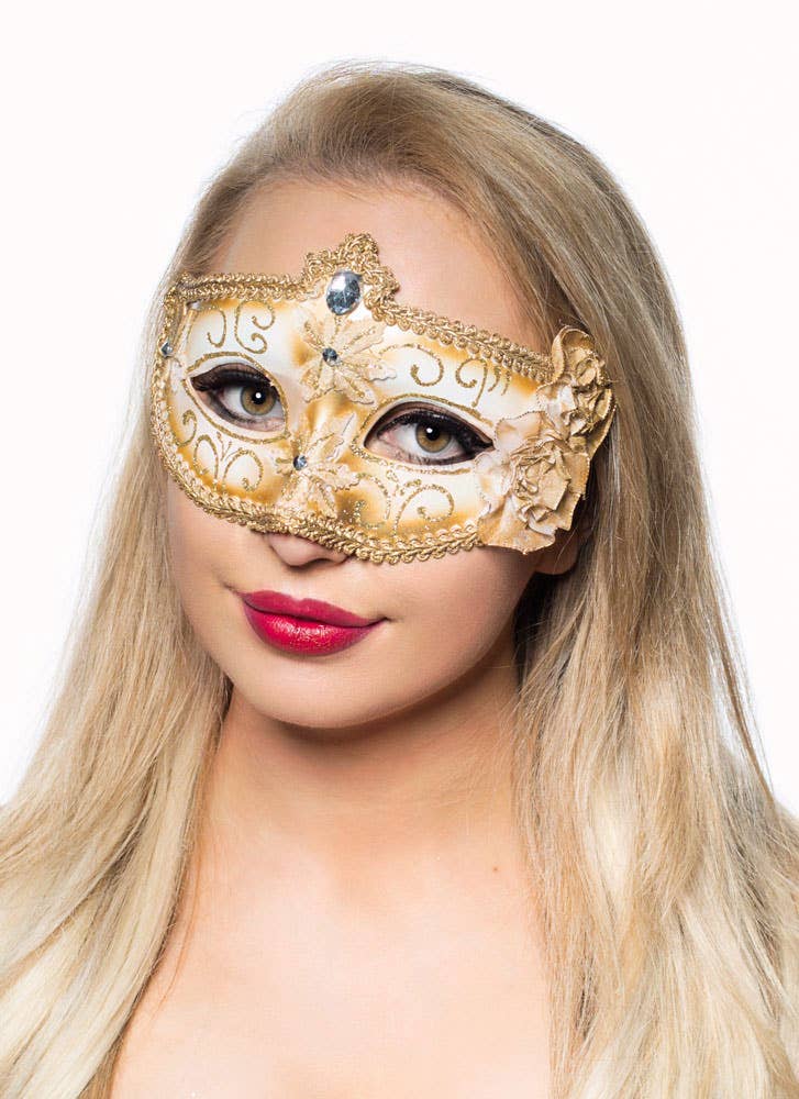 Women's Edwardian Masquerade Mask in Cream and Gold View 2