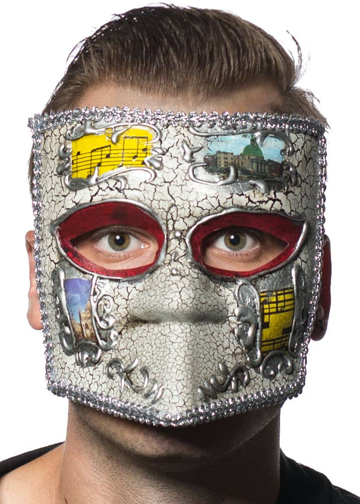 Full Face Silver and White Medieval Men's Masquerade Mask - View 2