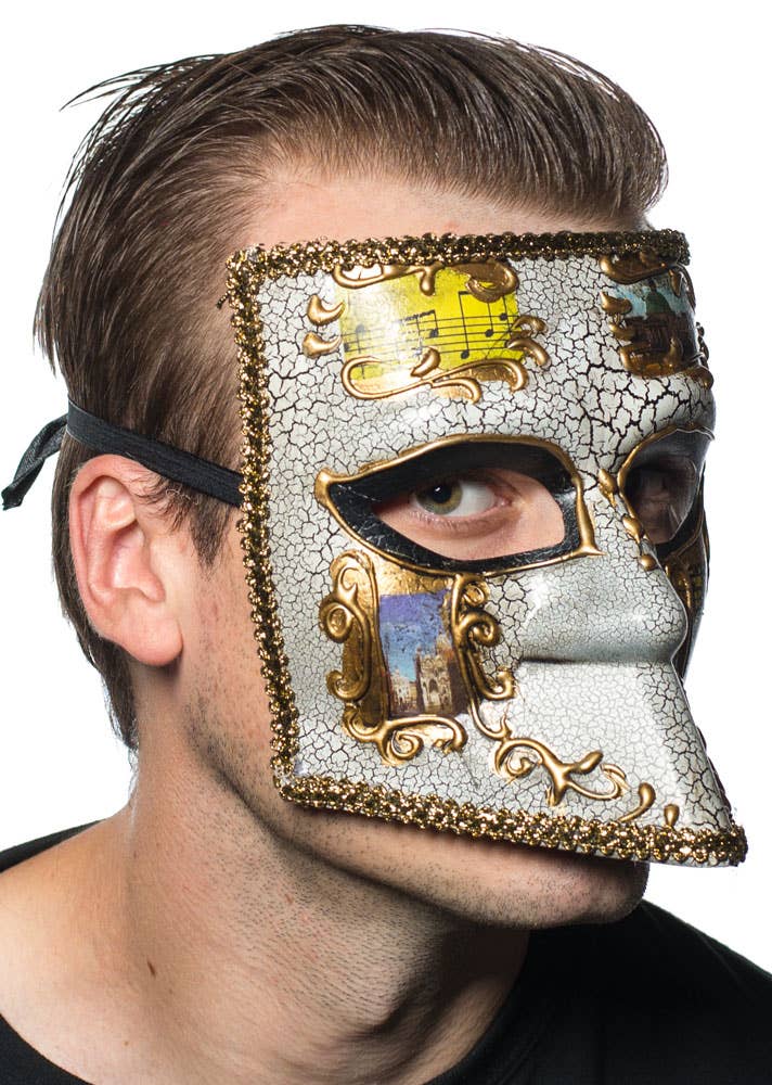 Full Face White and Gold Medieval Men's Masquerade Mask - Main Image