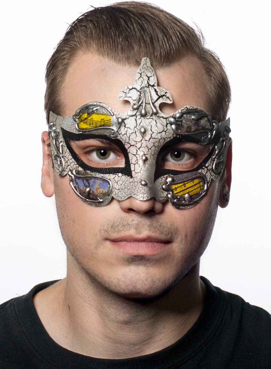 Black and Crackle Paint Renaissance Style Masquerade Mask - Main Image